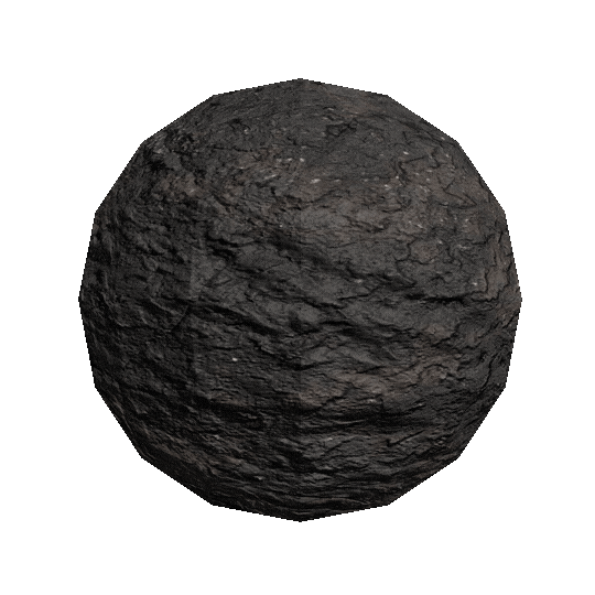 A textured, spherical object resembling a rough rock, featuring uneven surfaces and dark coloration. The object appears solid and three-dimensional, emphasizing its natural and rugged characteristics.