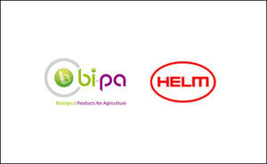 The image features two company logos side by side. On the left, the logo for "bi.pa," which includes green and purple colors and text that reads "Biological Products for Agriculture." On the right is the red logo for "HELM."