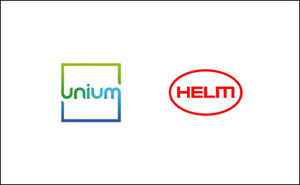Two company logos are displayed side by side on a white background. The left logo features the word "unium" in blue and green letters within a square outline. The right logo shows the word "HELM" in bold red letters inside an oval shape.