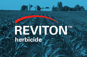 The image features the brand name "REVITON" prominently displayed, accompanied by the word "herbicide." In the background, a field of crops is visible, suggesting an agricultural context. The overall color scheme is blue-toned, emphasizing the text.