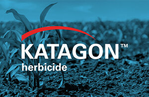 Image features the text "KATAGON™ herbicide," prominently displayed. The background includes green plants emerging from rich soil, suggesting agricultural use. The design emphasizes the brand name to convey its focus on weed control in crop cultivation.